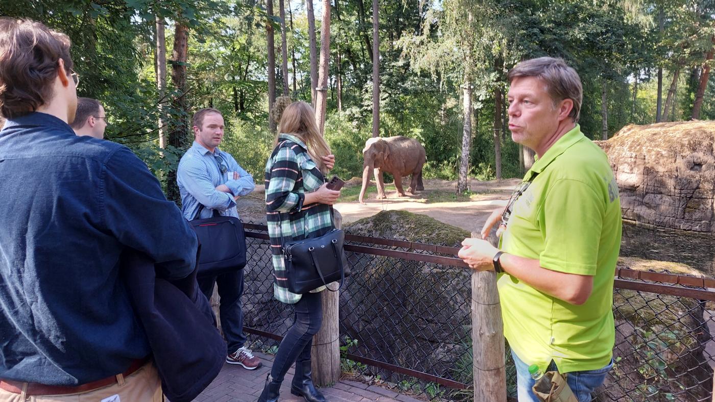 Der Zoowärter steht vor einem Elefantengehege und informiert die Teilnehmenden.