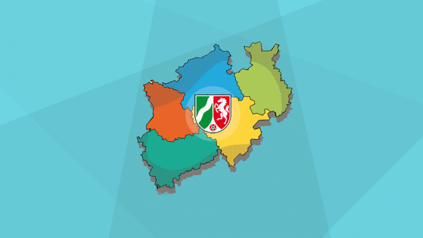 Umrisse von Nordrhein-Westfalen mit Landeswappen