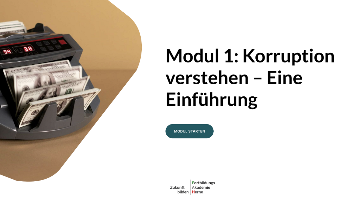 Eine Geldzählmaschine, daneben der Text "Modul 1: Korruption verstehen - Eine Einführung"