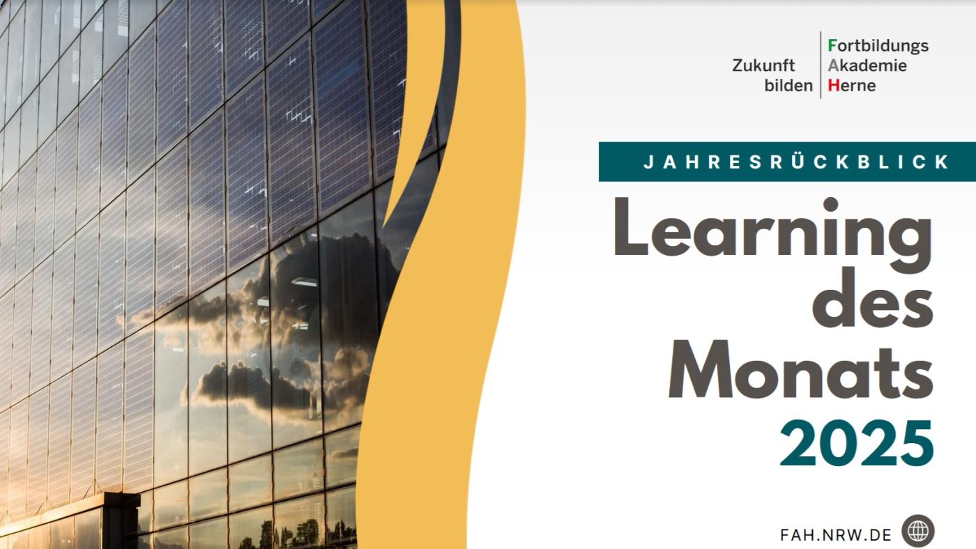 Außenansich der Akademie, daneben der Text "Jahresrückblick, Learning des Monats 2025"
