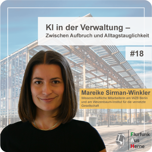Portrait von Mareike Sirmann-Winkler mit dem Text "KI in der Verwaltung - zwischen Aufbruch und Alltagstauglichkeit"