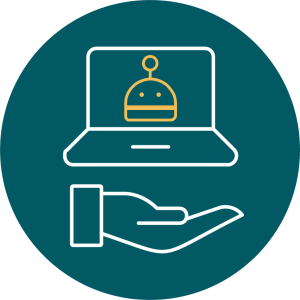Über einer ausgestreckten Hand schwebt ein aufgeklappter Laptop, auf dessen Bildschim ein Roboter abgebildet ist.