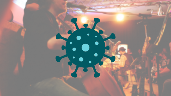 Ein Coronavirus überlagert das Foto eines Konzerts