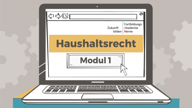 Illustration eines Laptops, der den Schriftzug Haushaltsrecht Modul 1 zeigt