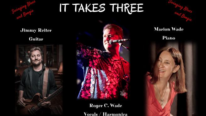 Drei Portraitaufnahmen der Bandmitglieder des Trios "It takes three"