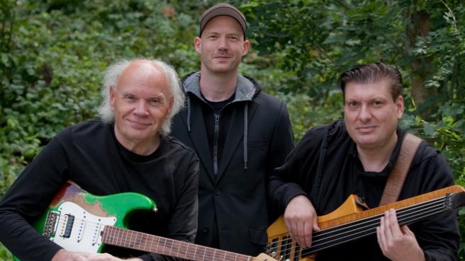 Drei Musiker mit Instrumenten vor Sträucher stehend