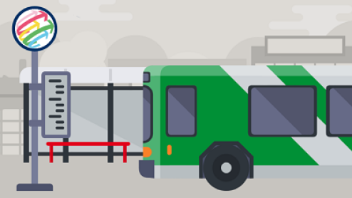Bus fährt eine Haltestelle mit Logo des Selbstlernprogramms an