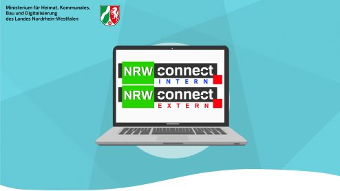 Ein aufgeklappter Laptop, mit dem Schriftzug "NRW Connect" auf dem Bildschirm