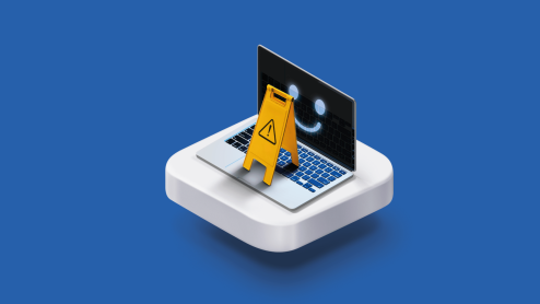 Garfik eines Laptops, auf dessen Bildschirm ein Lachgesicht sichtbar ist, davor ein gelbes Achtung-Schild